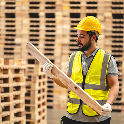 Employé inspectant une pièce de bois